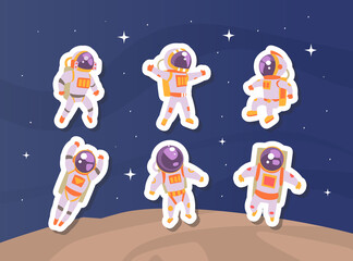 Astronaut Stickers Set, Cute Cosmonaut in Outer Space Patches Cartoon Vector Illustration