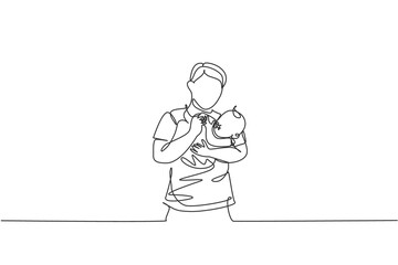 One single line drawing of young father carrying and feeding his baby with nutritious food at home graphic vector illustration. Happy parenting learning concept. Modern continuous line draw design