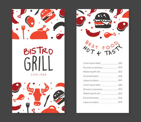 Bistro Gril Menu Template Design, Barbecue House, Restaurant, Bar Poster, Invitation, Flyer, Promo Design Cartoon Vector Illustration