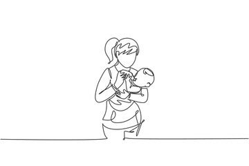 One single line drawing of young mother carrying and feeding her baby with nutritious food at home vector illustration. Happy parenting learning concept. Modern continuous line draw graphic design