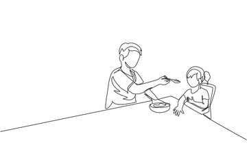 Fototapeta na wymiar One continuous line drawing young dad feeding his sick fever daughter while siting on dining chair at home. Happy family parenting concept. Dynamic single line draw design vector graphic illustration