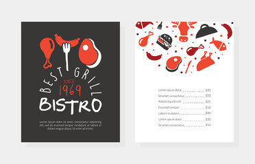 Best Gril Bistro Menu Template Design, BBQ Restaurant, Bar Poster, Invitation, Flyer, Promo Design Cartoon Vector Illustration