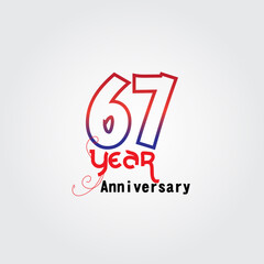67 years anniversary celebration logotype. anniversary logo with red and blue color isolated on gray background, vector design for celebration, invitation card, and greeting card