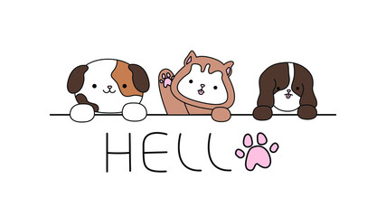 Hello postcard vector illustration eps 10. Baby print, banner, brochure, happy pets with smiling faces. Welcome text with cute dogs isolated on white background.