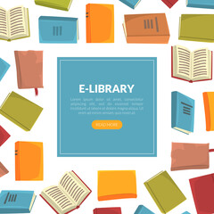 E-Library Landing Page Template, Education, Online Library, Electronic Bookshelf Web Page Cartoon Vector Illustration