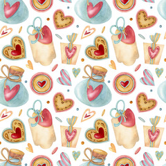 Watercolor seamless pattern with heart, banner, biscuits, gift box and bottle on the light background. Bright illustration. Ideal for textile, wrapping, and other designs.