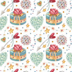 Watercolor seamless pattern with heart, arrow, garland, flower, and gift box on the light background. Bright illustration. Ideal for textile, wrapping, and other designs.