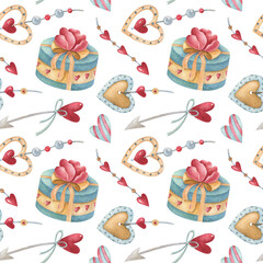 Watercolor seamless pattern with heart, arrow, flower and gift box on the light background. Bright illustration. Ideal for textile, wrapping, and other designs.