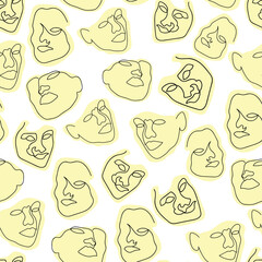 Vector one line drawing abstract face seamless pattern background. Good use for fabric, textile, wallpaper etc.