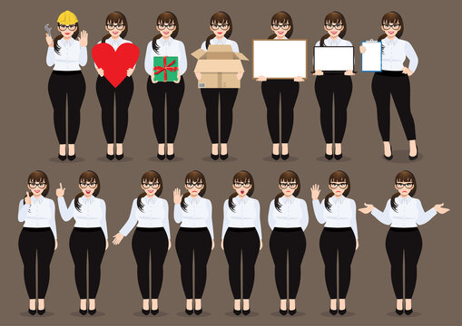 Plus size businesswoman cartoon character set. Beautiful business woman in office style white shirt. Vector illustration
