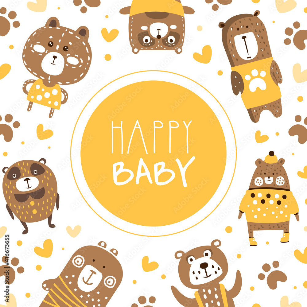 Canvas Prints Happy Baby Banner Template with Cute Brown Bears Seamless Pattern Vector Illustration