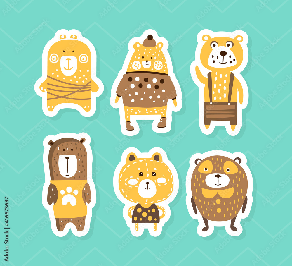 Sticker adorable brown bears stickers collection, cute little bear characters patches hand drawn vector illu