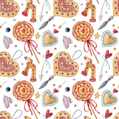 Watercolor seamless pattern with heart, arrow, sock and lollipop on the light background. Bright illustration. Ideal for textile, wrapping, and other designs.