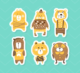 Adorable Brown Bears Stickers Collection, Cute Little Bear Characters Patches Hand Drawn Vector Illustration