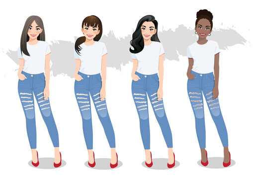 Set of diverse girls with different hairstyles in white T-shirts and blue jeans vector