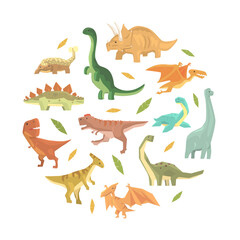 Obraz premium Cute Colorful Dinosaurs in Circular Shape, Cute Prehistoric Animals Banner, Card, Background Desin Cartoon Vector Illustration.