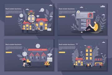 Set of Vector illustration real estate business concept landing page with houses. online search apartment rental market buying. investment with group investors. Flat design style modern