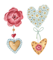 Watercolor compositions with heart and flower on the white background. Bright hand-painted illustration with heart, flower, and ribbon.