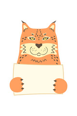 Puma lynx caracal cat cartoon animal holding tag sign with copy space. set greeting card banner invitation flyer brochure. cartoon hand drawn style. Little pets with blank marksign information plate