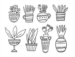 Home plants in pots. Hand drawn sketch. Black color vintage style.