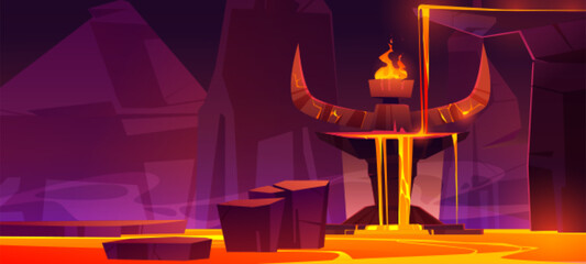 Road to hell, infernal hot cave with lava flow from altar with huge devil stone horns and burning fire on top, rocks path in liquid magma going to blazing satan sanctuary, Cartoon vector illustration
