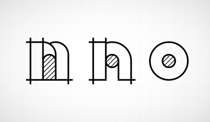 Architech font. Letters lower case mno. Graphic black and white alphabet. Linear drawing alphabet for banners, logos and texts. Vector illustration.