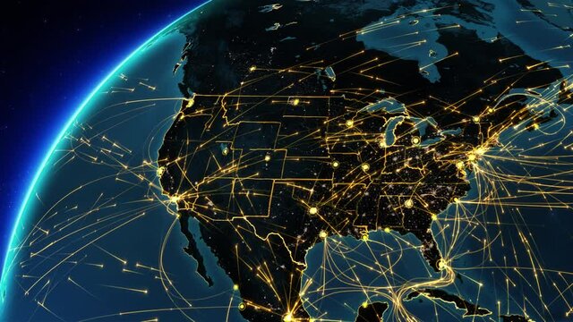 Animation of  United States map with bright connections and city lights. Yellow lines representing aerial, maritime, ground routes, state and country borders. 