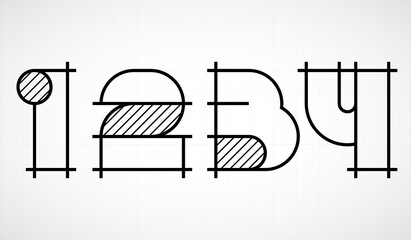 Architech font. Numbers 1234. Graphic black and white alphabet. Linear drawing alphabet for banners, logos and texts. Vector illustration.