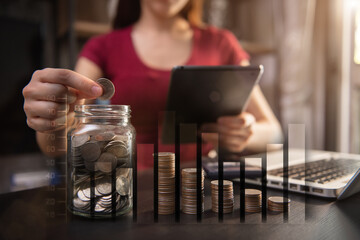 Women accountant with calculator save data to laptop computer financial on office table. concept planning budget and audit at home office.