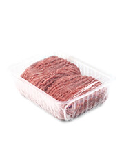 minced raw meat in clean transparent recycled plastic pack side view on a white background isolated closeup. Selective focus