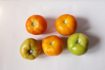 Home grown fresh tomato orange green unripe tomato close up focus blur at the back. A group of colourful isolated white background. Organic vegetables fruits. Top view angle.
