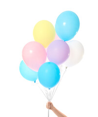 Human hand with air balloons on white background