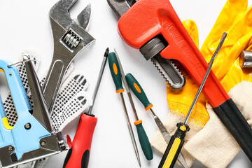 Set of construction tools on white background