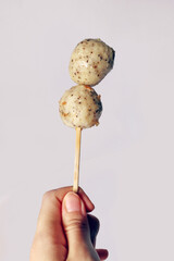 Japanese oden black pepper fish ball, chicken meatball, isolated white meatball delicious yummy. Hand holding fish ball on stick seafood street food vertical straight facing up front view.
