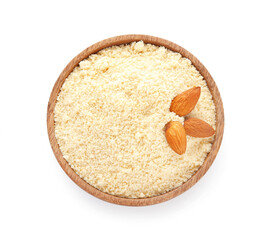 Bowl with almond flour on white background