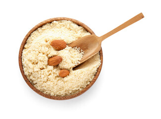 Plate and scoop with almond flour on white background