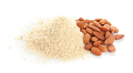 Pile of almond flour on white background