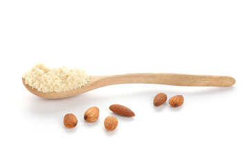 Spoon with almond flour on white background