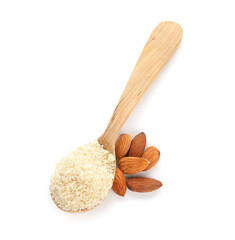 Spoon with almond flour on white background