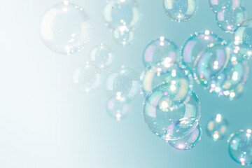 Beautiful shiny transparent soap bubbles float background. 