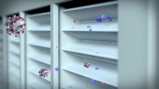 HEPA filter catching COVID19 virus and fine particles. The process of attaching fine dust and COVID19 virus to the filter by airflow is expressed in 3D video.