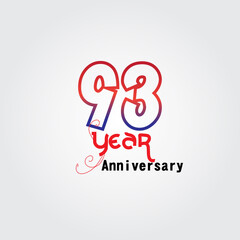 93 years anniversary celebration logotype. anniversary logo with red and blue color isolated on gray background, vector design for celebration, invitation card, and greeting card