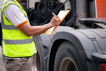 Auto mechanic holding clipboard checking maintenance program of semi truck. truck inspection safety...