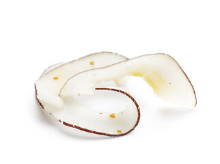 Tasty coconut chips on white background