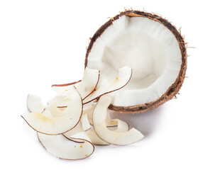 Tasty coconut with chips on white background