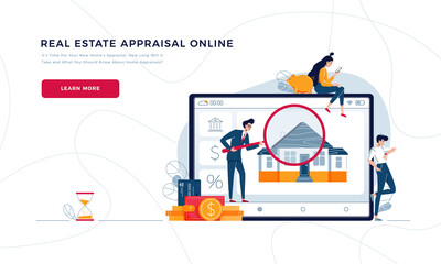 Real estate appraisal online landing page template. Inspectors remotely estimate how much is the property worth. Home assessment, valuation, inspection of the house for web. Flat vector illustration