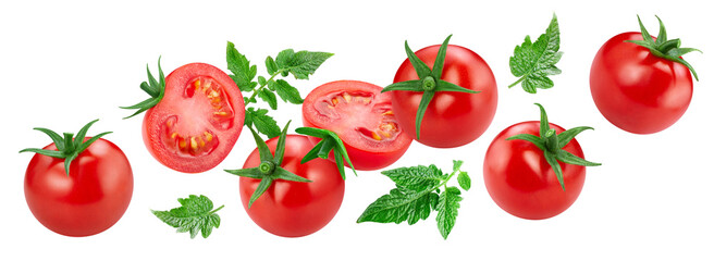 Flying tomato with green leaves isolated on white background - obrazy, fototapety, plakaty