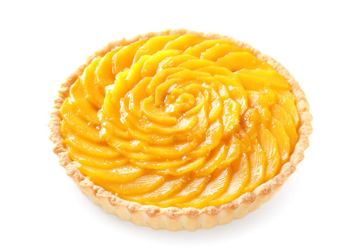 Tasty mango pie on white background