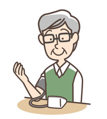 血圧を測定するおじいさん　上腕式測定機