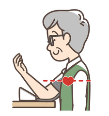 血圧を測定するおじいさん　上腕式測定機